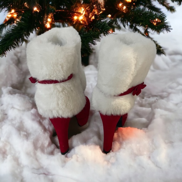 Red Women's Winter Fur Ankle Boots Fur Chunky High Heel Santa Booties 10.5 - Picture 7 of 14